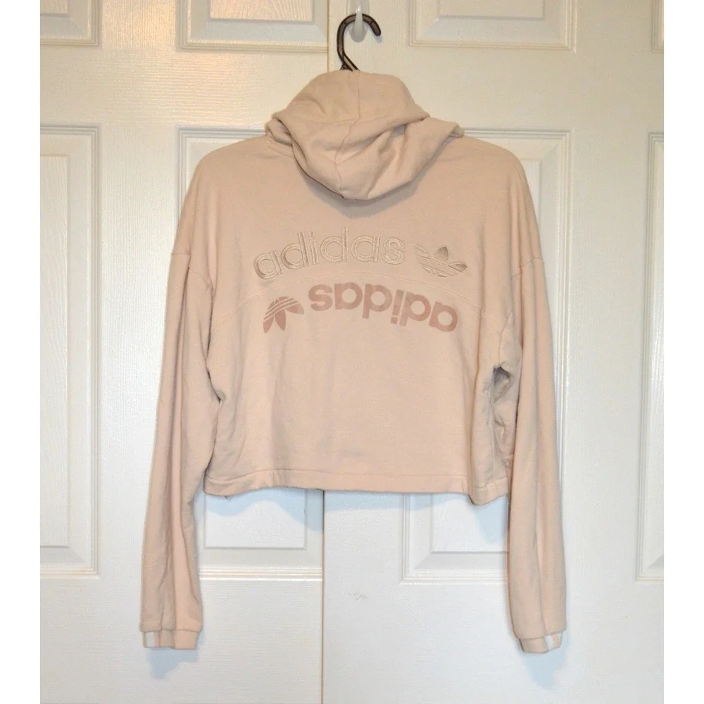 Adidas‎ Women's L Oversized Beige Cropped Hoodie Pullover Sweatshirt Logo